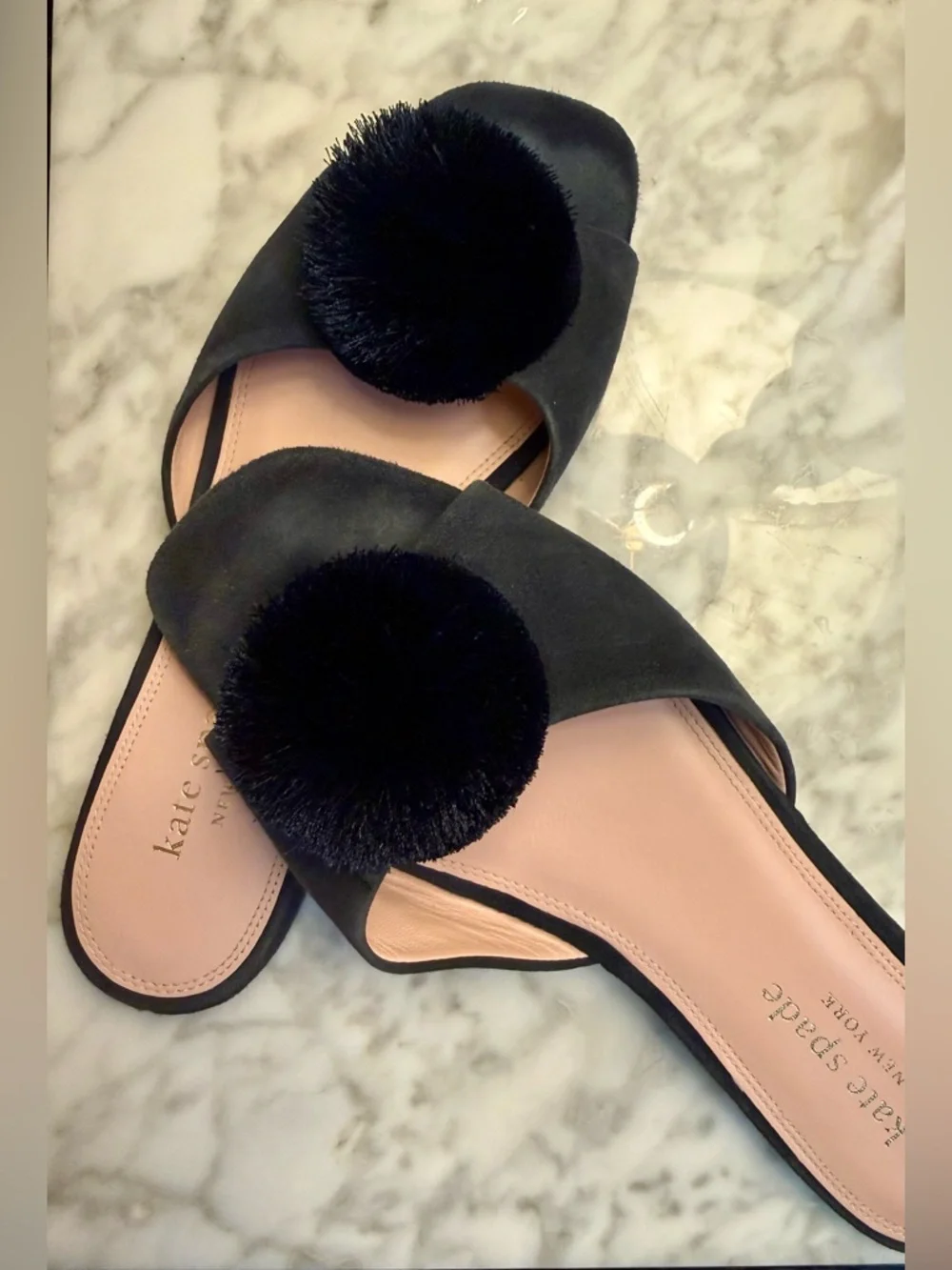 Kate Spade Navy Amour Pom Pom Slide Sandals Suede Flat Slip-On. Size 9.5 - Picture 7 of 10